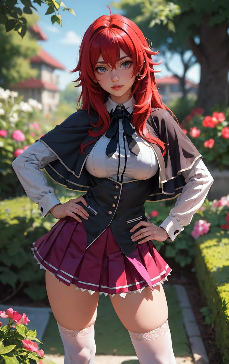 ((masterpiece, best quality)), insaneres, absurdres, solo, looking at viewer, 
ANIME_DxD_Rias_Gremory_ownwaifu, 
1girl, bangs, long hair, red hair, breasts, large breasts, rias gremory, blue eyes, hair between eyes, very long hair, collarbone, hair intakes,  hair over breasts, 
black capelet, black corset, collared shirt, kuoh academy school uniform, layered skirt, underbust, , skirt, shirt, long sleeves, purple skirt, ribbon, miniskirt, neck ribbon, thighhighs, black ribbon, 
(contrapposto, hand on hip)depth of field, vanishing point, garden, sidelighting,