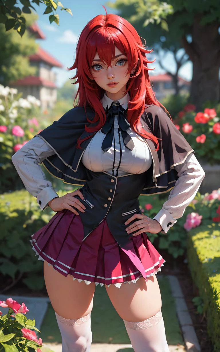 ((chef-d&#39;œuvre, meilleure qualité)), fous, absurdes, seulement, regarder le spectateur, 
Anime_DXD_rias_gremory_proprewaifu, 
1fille, frange, cheveux longs, cheveux roux, seins, large seins, maquillage gremory, yeux bleus, cheveux entre les yeux, very cheveux longs, clavicule, prises de cheveux,  hair over seins, 
capelet noir, Corset noir, collared chemise, uniforme scolaire de l&#39;académie kuoh, layered jupe, sous la poitrine, , jupe, chemise, manches longues, purple jupe, ruban, minijupe, neck ruban, hauts de cuisse, black ruban, 
(Contrasté, main sur la hanche)profondeur de champ, Point de fuite, jardin, éclairage latéral,