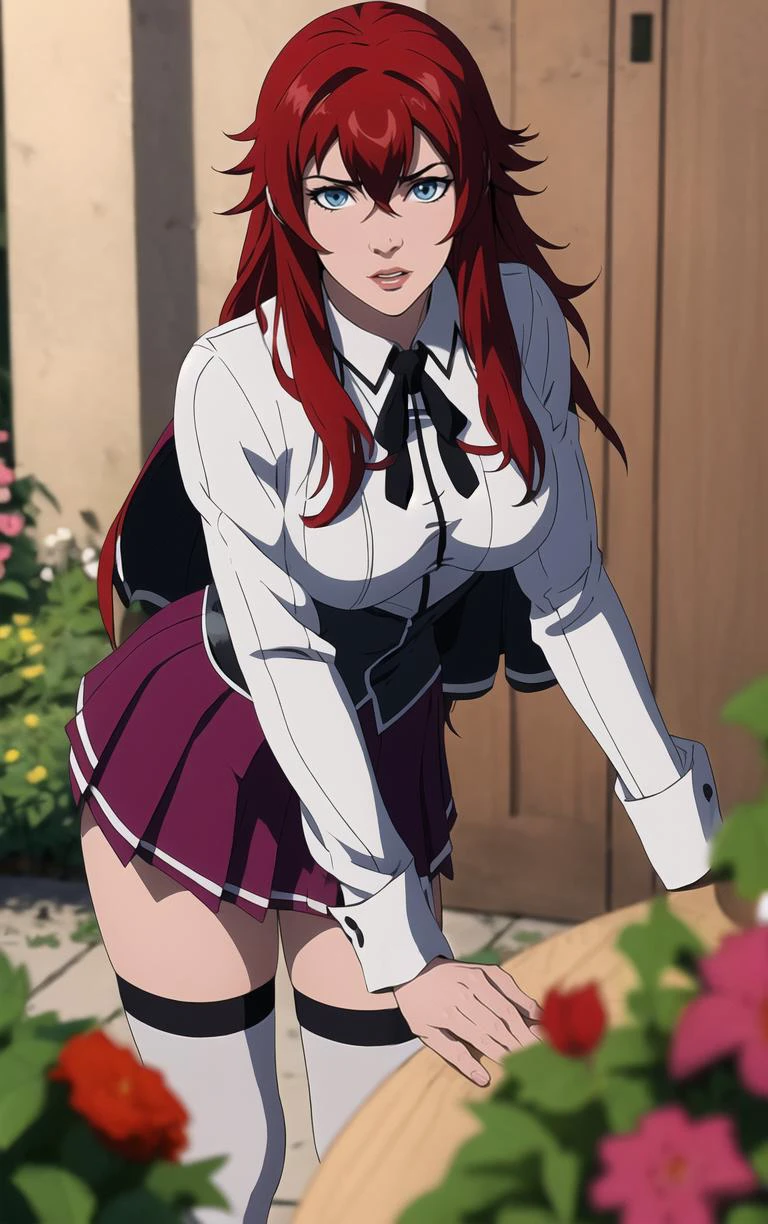 ((chef-d&#39;œuvre, meilleure qualité)), fous, absurdes, seulement, regarder le spectateur, 
Anime_DXD_rias_gremory_proprewaifu, 
1fille, frange, cheveux longs, cheveux roux, seins, large seins, maquillage gremory, yeux bleus, cheveux entre les yeux, very cheveux longs, clavicule, prises de cheveux,  hair over seins, 
capelet noir, Corset noir, collared chemise, uniforme scolaire de l&#39;académie kuoh, layered jupe, sous la poitrine, , jupe, chemise, manches longues, purple jupe, ruban, minijupe, neck ruban, hauts de cuisse, black ruban, 
(portrait, fermer)profondeur de champ, Point de fuite, jardin, éclairage latéral,