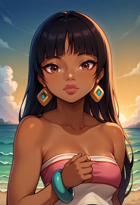 a cartoon girl in a bikini top standing on the beach