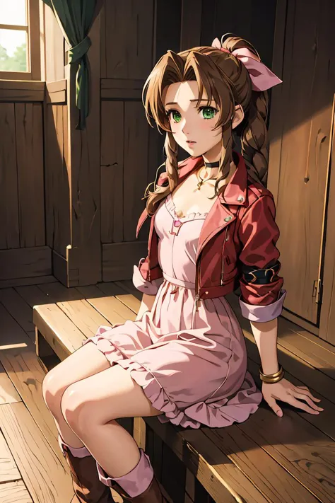 (masterpiece, best quality), 1girl,  <lora:AerithgainsBorough_FinalFantasy_FefaAIart:1> aerith gainsborough, choker, red cropped...