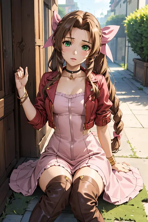 (masterpiece, best quality), 1girl,  <lora:AerithgainsBorough_FinalFantasy_FefaAIart:1> aerith gainsborough, choker, red cropped jacket, hair bow, bracelet,  brown boots,  brown hair, sidelocks, parted bangs, green eyes, braid, pink dress,