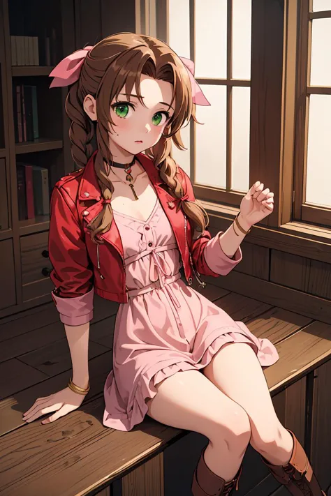 anime girl sitting on a bench in a library with a window