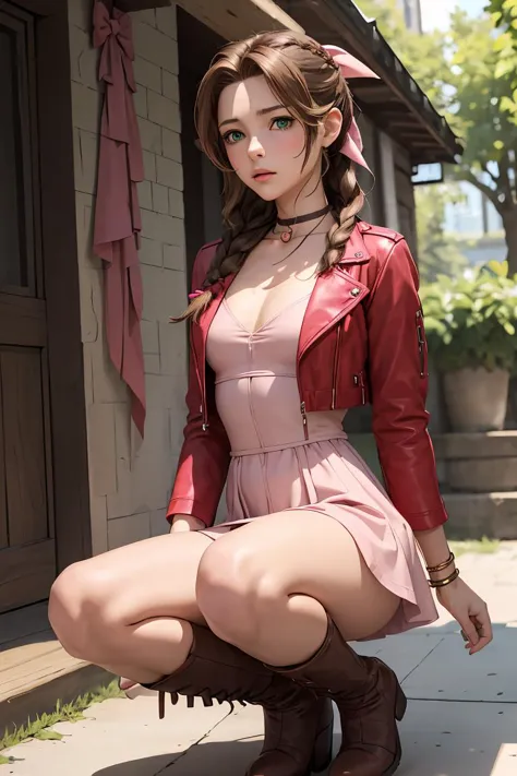 (masterpiece, best quality), 1girl,  <lora:AerithgainsBorough_FinalFantasy_FefaAIart:1> aerith gainsborough, choker, red cropped jacket, hair bow, bracelet,  brown boots,  brown hair, sidelocks, parted bangs, green eyes, braid, pink dress,