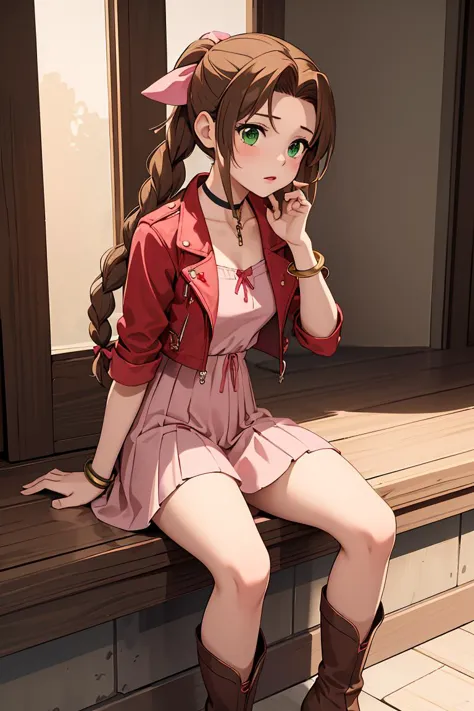 (masterpiece, best quality), 1girl,  <lora:AerithgainsBorough_FinalFantasy_FefaAIart:1> aerith gainsborough, choker, red cropped...