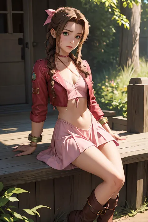 (masterpiece, best quality), 1girl,  <lora:AerithgainsBorough_FinalFantasy_FefaAIart:1> aerith gainsborough, choker, red cropped jacket, hair bow, bracelet,  brown boots,  brown hair, sidelocks, parted bangs, green eyes, braid, pink dress,