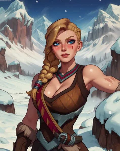 Tyra,blonde hair,braid,blue eyes,smug,solo,facial mark,
armor,boots,gloves,bare shoulders,cleavage,blush,
upper body,standing,
fantasy,snow mountain,
(insanely detailed, beautiful detailed face, masterpiece, beautiful detailed eyes, best quality),<lora:Tyra-10PLDv7:0.8>,