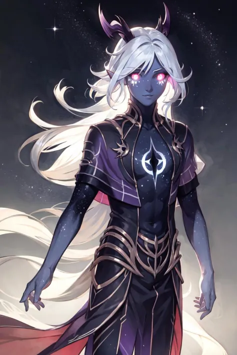 Aaravos, black sclera, purple skin, white hair, (glowing, glowing hair, glowing skin, glowing eyes, purple aura:1.5), (stars, ga...