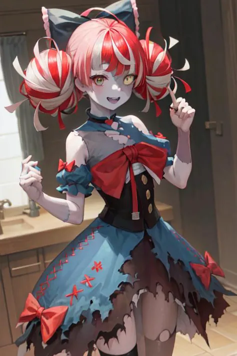 masterpiece, best quality, absurdres, perfect antomy, 1girl, solo, kureiji ollie, zombie, patchwork skin, double bun, hair bow, heterochromia, red eyes, yellow eyes, smile, laughing, torn dress, red bow
