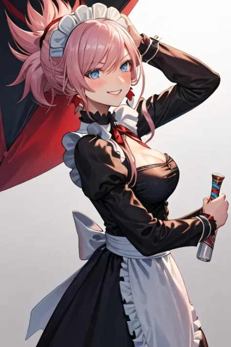 best quality, masterpiece, highres, solo, {maid:1.40}, {long maid dress:1.15}, {miyamoto_musashi_fgo:1.15}, pink_hair, blue_eyes, breasts, ponytail, jewelry, earrings, long_hair, hair_ornament, bangs, large_breasts, smile, asymmetrical_hair, cleavage, blus...