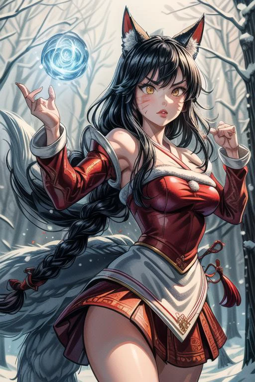 masterpiece, best quality, 1girl, IncrsAhri, multiple tails, fox tail, korean clothes, skirt, braid, arms behind back, angry, attacking, fighting, dynamic pose, fighting stance, in the forest, winter, snow everywhere, snowman, red lips, light orb, magical forest