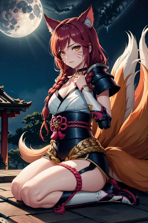 <lora:AhriAllinOne:0.9> IncrsAhriFF, 1girl,  facial mark, parted bangs, fox tail, multiple tails, armor, rope, choker, knee boot...