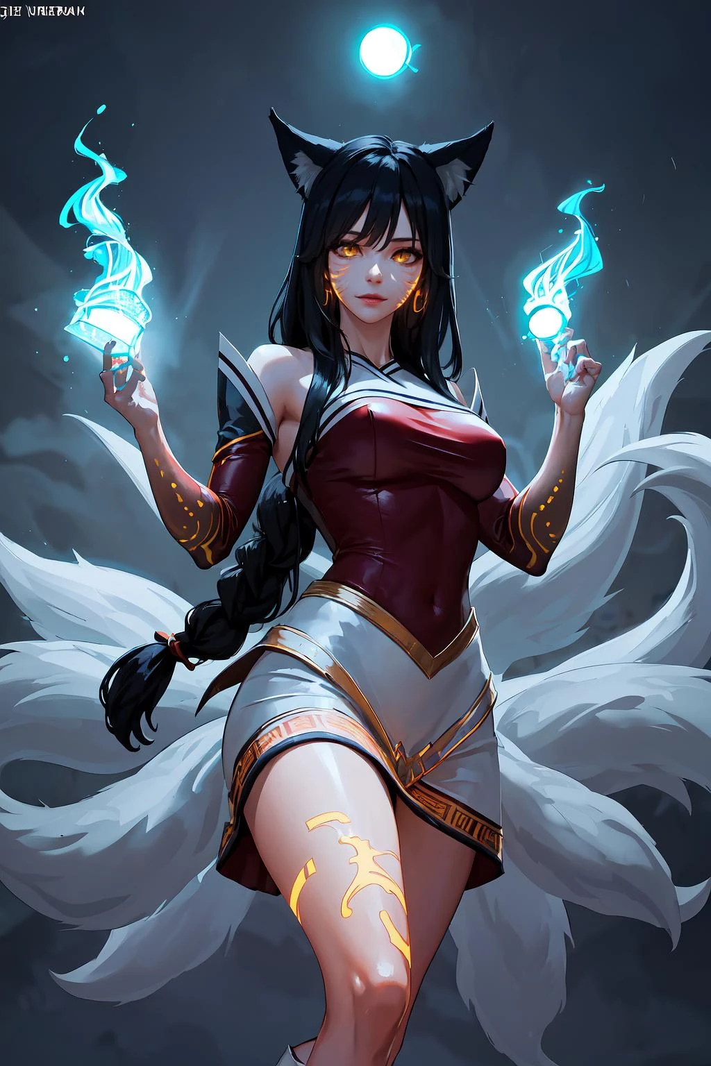 masterpiece, best quality, IncrsAhri, braid, fox tail, multiple tails, korean clothes, skirt, (EnergyVeins:1.4), glowing, energy, energy ball, stance, evil smile,