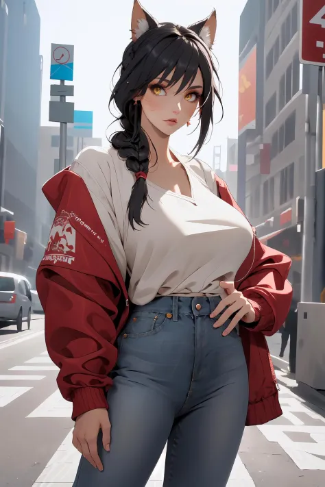 masterpiece, best quality, IncrsAhri, braid, <lora:Ahri:1>, edgSDress, wearing edgSDress, <lora:Outfit_SummerDressCode:0.8>, outdoors, street, road sign, jacket, open jacket, jeans, casual, long sleeves,