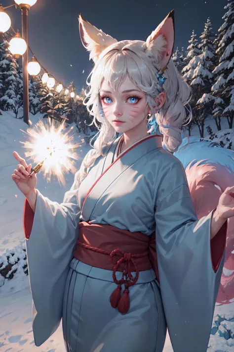 1girl, IncrsAhriWinterQueen, whisker markings, facial mark, fox tail, multiple tails, ice, yukata, short yukata, onsen, outdoors, night, dark enviroment, blue eyes, looking at viewer,