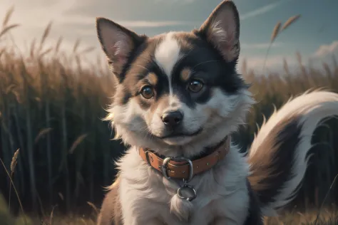 (best quality, masterpiece:1.2), photorealistic, ultra high res, front lighting, intricate detail, Exquisite details and textures, , absurdres, cinematic lighting, dynamic angle, cinematic pose, vibrant colors, (beautifully detailed face),
energetic puppy, bushy tail, wispy fur, detailed collar, lying in tall grass,