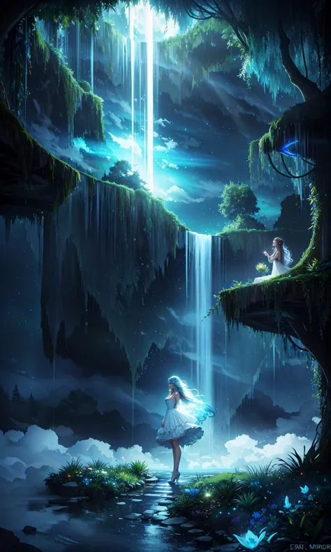 (perfect seductive young woman Discovering a Hidden Sanctuary in the Clouds:1.3), sanctuary floating amidst the clouds, ethereal and hidden, with hanging gardens, flowing waterfalls, and pathways lit by bioluminescent flora. (style of Earl Moran,simple background:1.7),