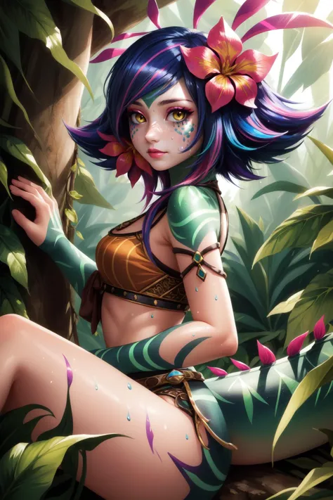 a woman with colorful hair and tattoos sitting in the jungle