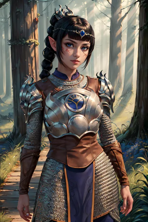 a woman in armor standing in a forest with trees