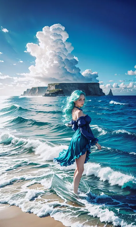 arafed woman in a blue dress walking on the beach