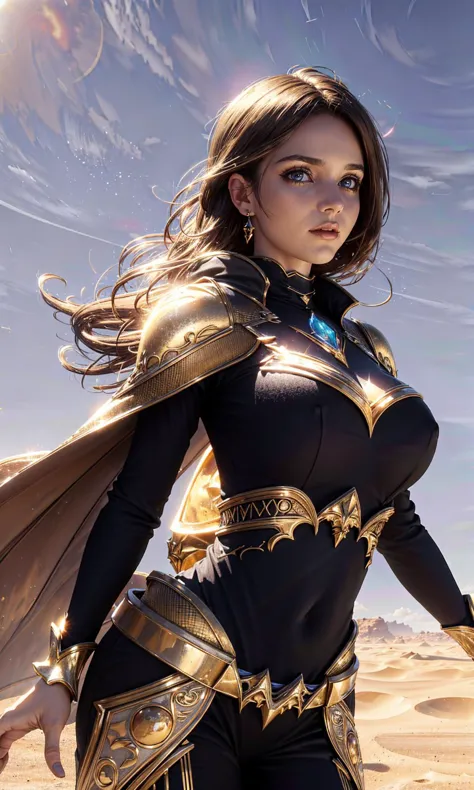 a woman in a black outfit and gold armor standing in the desert