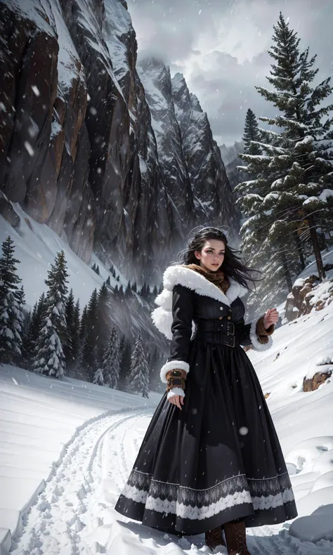 woman in black dress and fur coat standing in snow covered mountain