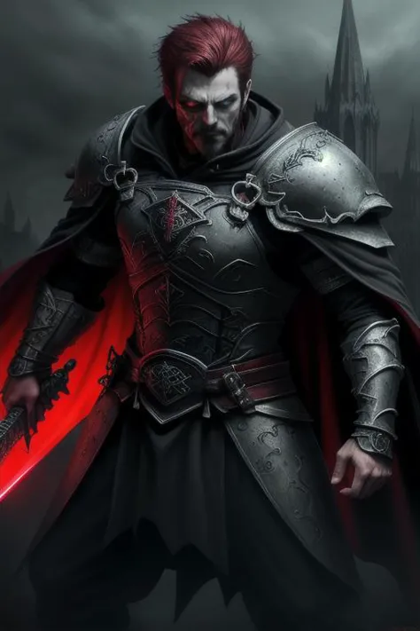 a man in armor holding a sword and a red light