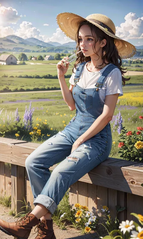 (quaint countryside setting, summer day), young adult woman, rustic casual summer fashion, (sitting on a wooden fence), thoughtful and serene pose, shoulder-length curly hair, light, sun-kissed makeup, (denim overalls over a simple white tshirt), comfortable boots, (holding a straw hat), (background: rolling hills, a distant barn, wildflowers), soft sunlight, (sense of relaxation and connection with the rural landscape) (style of Earl Moran,simple background:1.7),