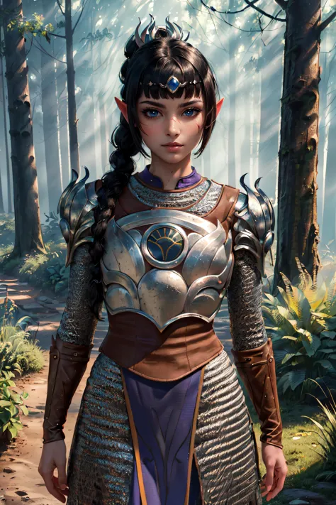 (masterpiece, best quality, ultra detailed, absurdres:1.5), 1girl, (sexy, beautiful woman, perfect face, perfect eyes, perfect female body:1.5), (shadowheart, pointy ears, braid, ponytail, hair ornament, bangs, armor, shoulder armor, breastplate, pauldrons, <lora:shadowheartr2:0.8>), (standing, outdoors, medieval, forest), perfect lighting, smooth, hdr