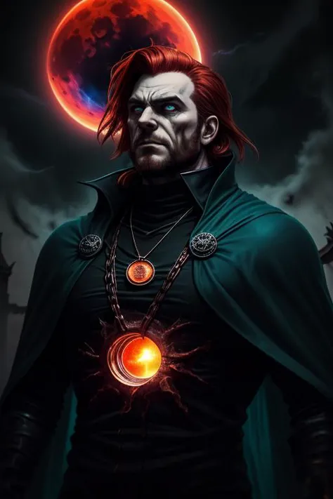 best quality, masterpiece, (1man, muscular adult  male:1.2),  teal eyes, copper hair, mutton chops,  Style-GravityMagic,  solo,  upper body, looking away, detailed background, detailed face, (<lora:UltraBlackholeTech:0.6>,    ulblackholetech theme:1.1) vampire, piercing gaze, bloodthirsty, pale skin, vampire fangs, flowing vampire clothes,  cape,  pendant, movement,    supernatural abilities, otherworldly aura, red glow,   ruins in background, red moon,  dark night, contrast, mist,  eerie atmosphere,