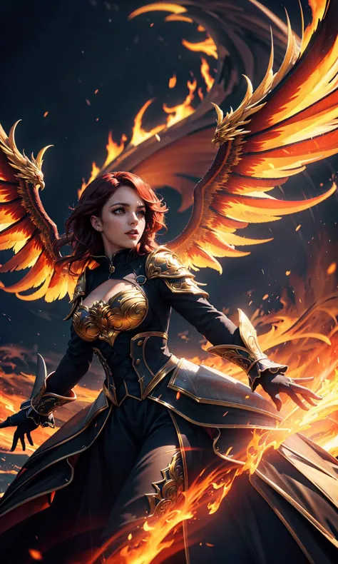 a woman with wings and armor standing in front of a fire