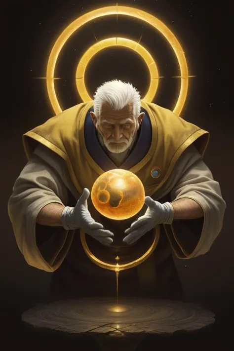 a man holding a crystal ball in his hands