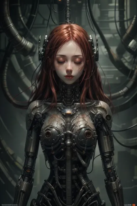 masterpiece,best quality,absurdres,ultradetailed,8K,photorealistic,
1girl,
at distance,
makeup,
kpop idol,pale skin,closed eyes,
long hair,red hair,
<lora:robotorso_v1.0:0.5>,robot_torso,robot girl,android,hanging,mechanical parts,cable,(intricate details:0.9),(hdr, hyperdetailed:1.2),<lora:Concept_-_Hella-sthetic_v2:0.7>,, intricate, elegant, highly detailed, symmetry, magical atmosphere, sharp focus, majestic, very coherent, radiant, advanced, cinematic, artistic, fine detail, winning, beautiful, stunning, dramatic light, designed, rich deep colors, perfect professional background, ambient, tailored set composition