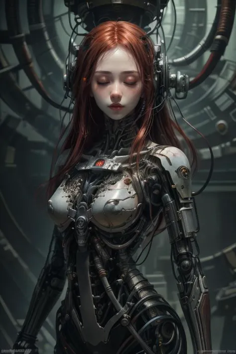 masterpiece,best quality,absurdres,ultradetailed,8K,photorealistic,
1girl,
at distance,
makeup,
kpop idol,pale skin,closed eyes,
long hair,red hair,
<lora:robotorso_v1.0:0.5>,robot_torso,robot girl,android,hanging,mechanical parts,cable,(intricate details:0.9),(hdr, hyperdetailed:1.2),<lora:Concept_-_Hella-sthetic_v2:0.7>,, intricate, elegant, highly detailed, symmetry, magical atmosphere, sharp focus, majestic, very coherent, radiant, advanced, cinematic, artistic, fine detail, winning, beautiful, stunning, dramatic light, designed, rich deep colors, perfect professional background, ambient, tailored set composition