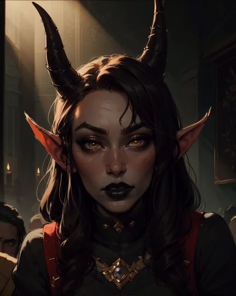 (ultra detailed, masterpiece, best quality, highly detailed, volumetric lighting), 1girl, solo, solo focus, eye contact, looking at viewer, source_anime, naughty traditional art, lineart, tiefling, black sclera, dark hair, sharp horns, rating_questionable, black lipstick, eyeshadow, patite  <lora:InCase-LyCoris-V4:0.8>