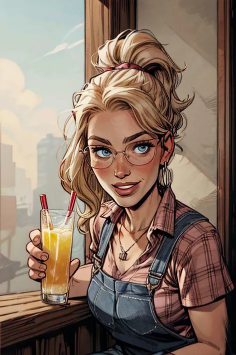 a woman with glasses holding a drink in front of a window