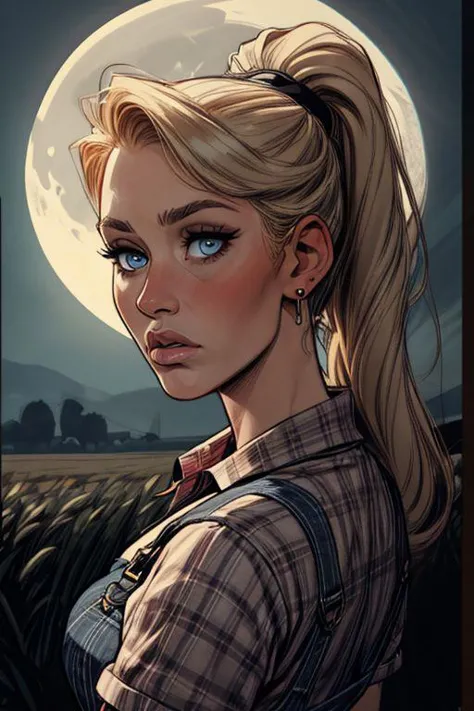 a woman with blonde hair and blue eyes standing in front of a full moon