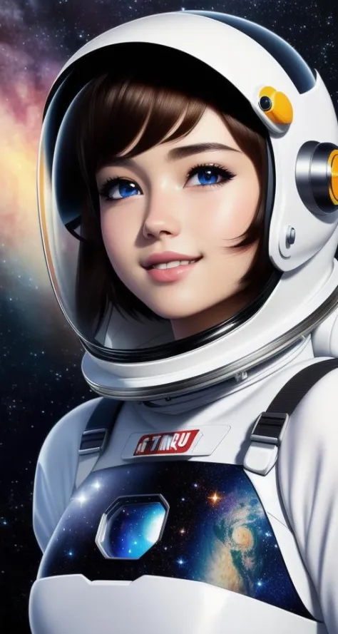 masterpiece, best quality, Half body portrait, 1girl, anime, 3D, pixar, realistic, teen girl, smiling, cute face, short hair, (astronaut helmet), starry universe background, ((true light)), super hero style, bodysuit, pin-up, beautiful, sexy, colourful, nsfw, smooth skin, illustration, artstation, (painting by stanley artgerm lau), sideways glance, foreshortening, (extremely detailed 8K), smooth, ((high resolution)), (ultra quality), ((highly detail eyes)), highly detail mouth, highly detailed face, (perfect eyes), {both eyes are the same}, glare, Iridescent, Global illumination, real hair movement, real light, real shadow, real face, hd, (2k), ((4k)), (((8k))), ((((16k))))