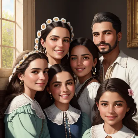 style of a realistic painting, a group of (1740s Mexican ranchers) sitting next to each other in a (Baroque style house), inspired by jessica rossier, richly detailed, morning detail, procreate 2 0 2 2, smiles, inside, different faces, different skin colors, different hair styles, dreamy and detailed, by Alexander Litovchenko, kittens, family each with different faces, superb detail 8k, realistic cute painting, portrait, smiling!! fantasy, photo-realism, soft blush, in style of atey ghailan, innocence, smiling sweetly, rays of sunlight filtered through the window, symmetrical eyes, human faces, highly detail eyes, highly detail mouth, highly detailed face, perfect eyes, spring day