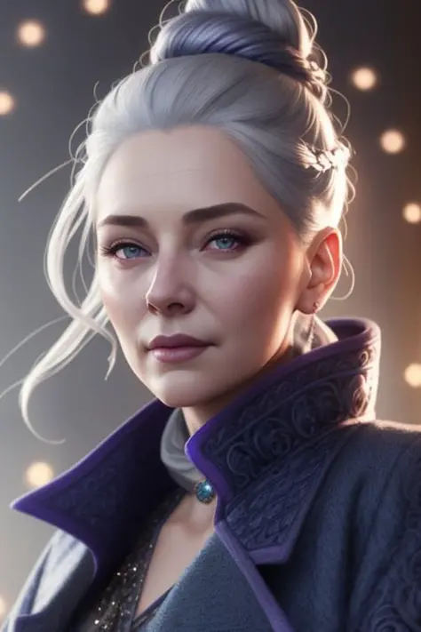 handsome woman, (old-face:0.5), violet eyes, (grey:0.8) hair in braided bun, wearing (intricate blue, rich, overcoat) soft magic...