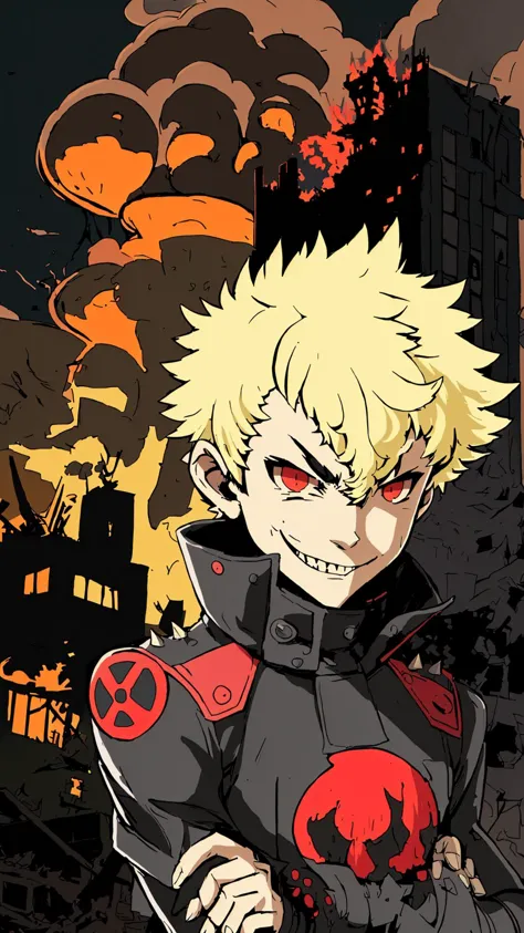 a cartoon image of a guy with blonde hair and red eyes