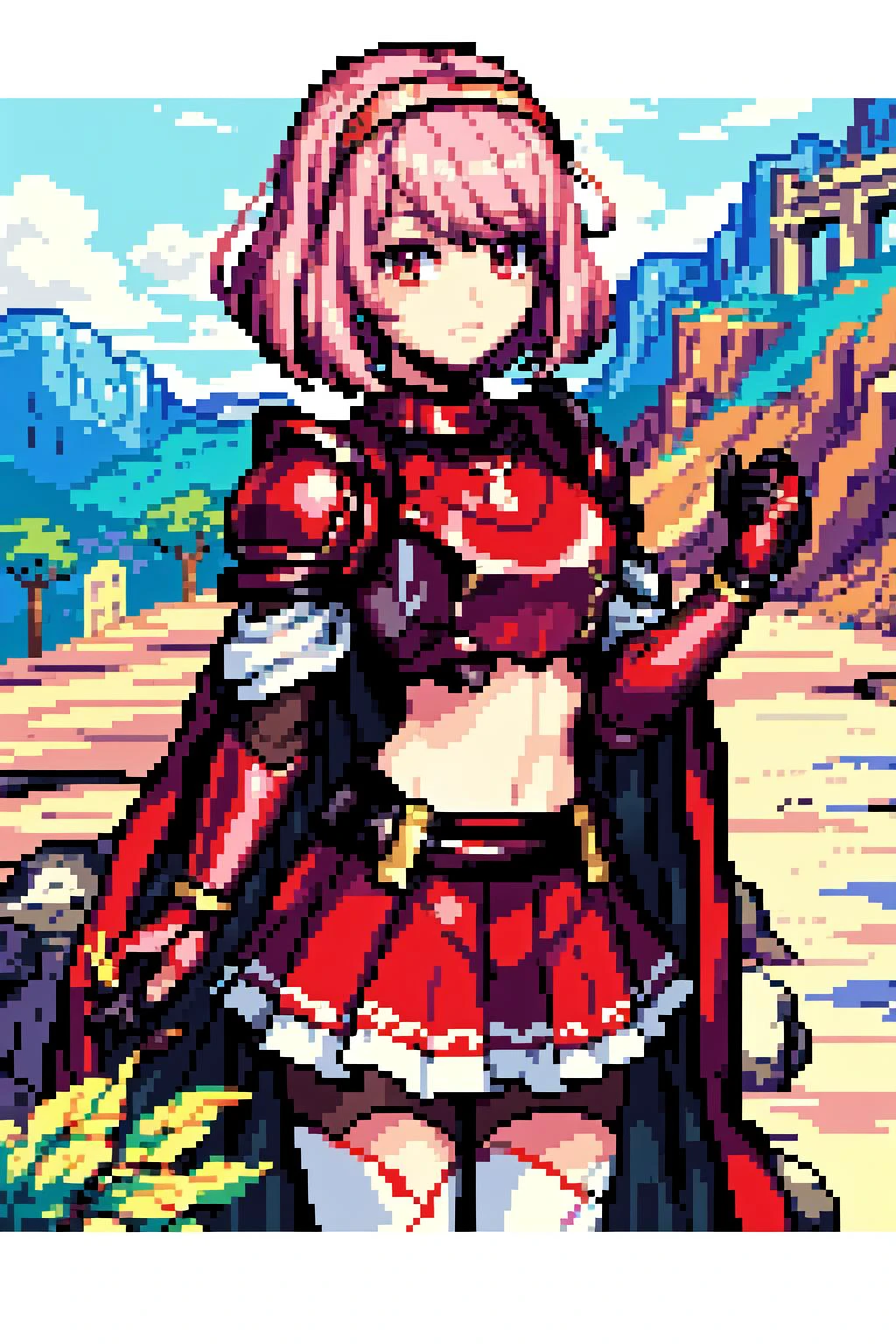 thick outlines, comics, photorealistic, perfect hands, masterpiece:1.2, 1girl, solo, standing, lapis_def, short hair, pink hair, red eyes, white thigh highs, cape, red skirt, red armor, colosseum, rocks, sand, detailed face, detailed eyes, 