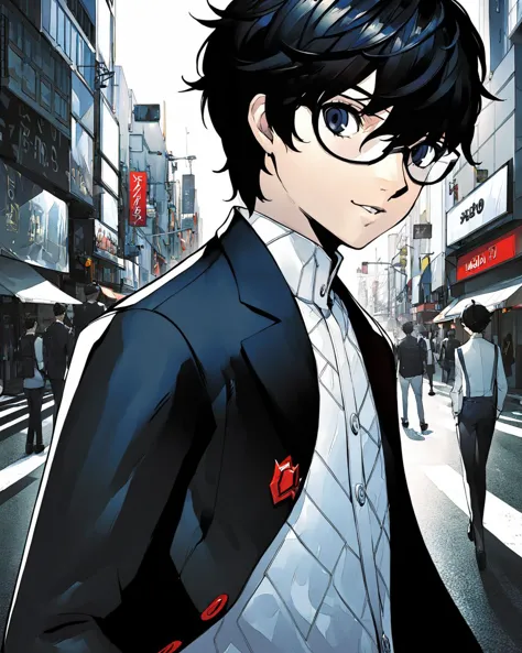 anime character in a suit and tie walking down a city street