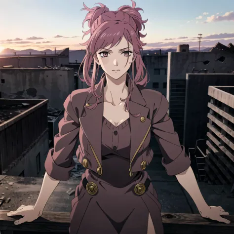 anime girl with pink hair standing on a balcony overlooking a city