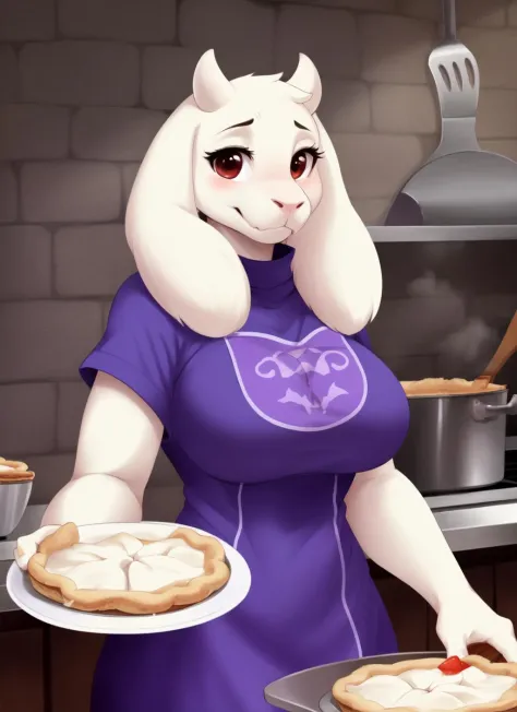 toriel, furry female anthro, goat girl, standing, (dress, purple dress:1.2), shirt design,  portrait, solo, holding pie, steaming pie, (body fur:1.2), (best quality), (castle kitchen background:1.2), medium breasts, dramatic lighting, (detailed fluffy fur:1.1), looking at viewer, 