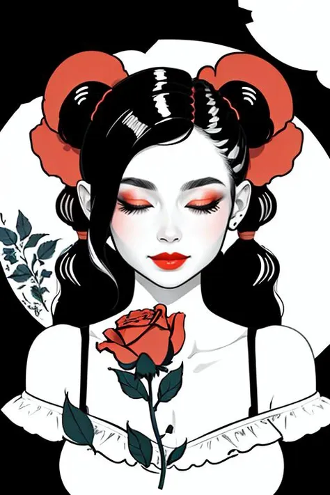 a woman with a rose in her hair and a red rose in her hair