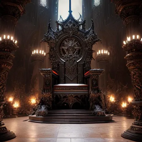 a close up of a throne with candles in a room