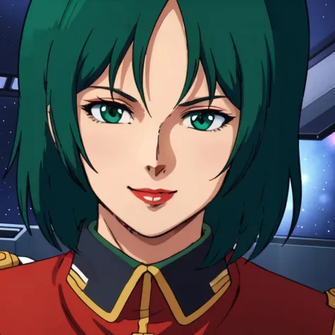 masterpiece,high quality,solo,
mouarpharaoh,1woman,
short hair,green hair,green eyes,lipstick,
jacket,military uniform,long sleeves,
inside the space battleship,
looking at viewer,smile,
close-up,