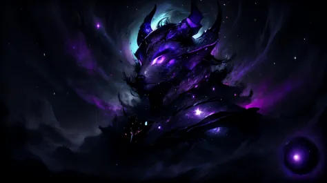 a dark purple and black image of a demonic creature with a glowing face