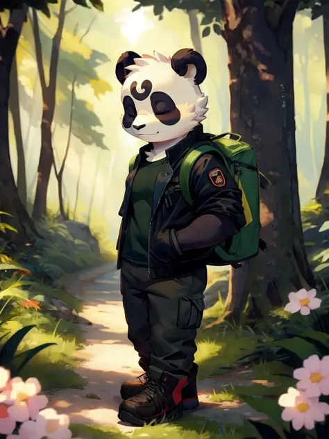 a close up of a panda bear with a backpack walking down a path